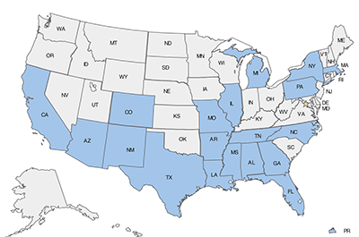 Map of the U.S. with NIH team increases states highlighted in blue.