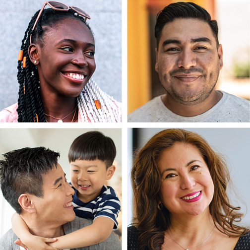Four smiling persons each on a four square images block and one carrying toddler.